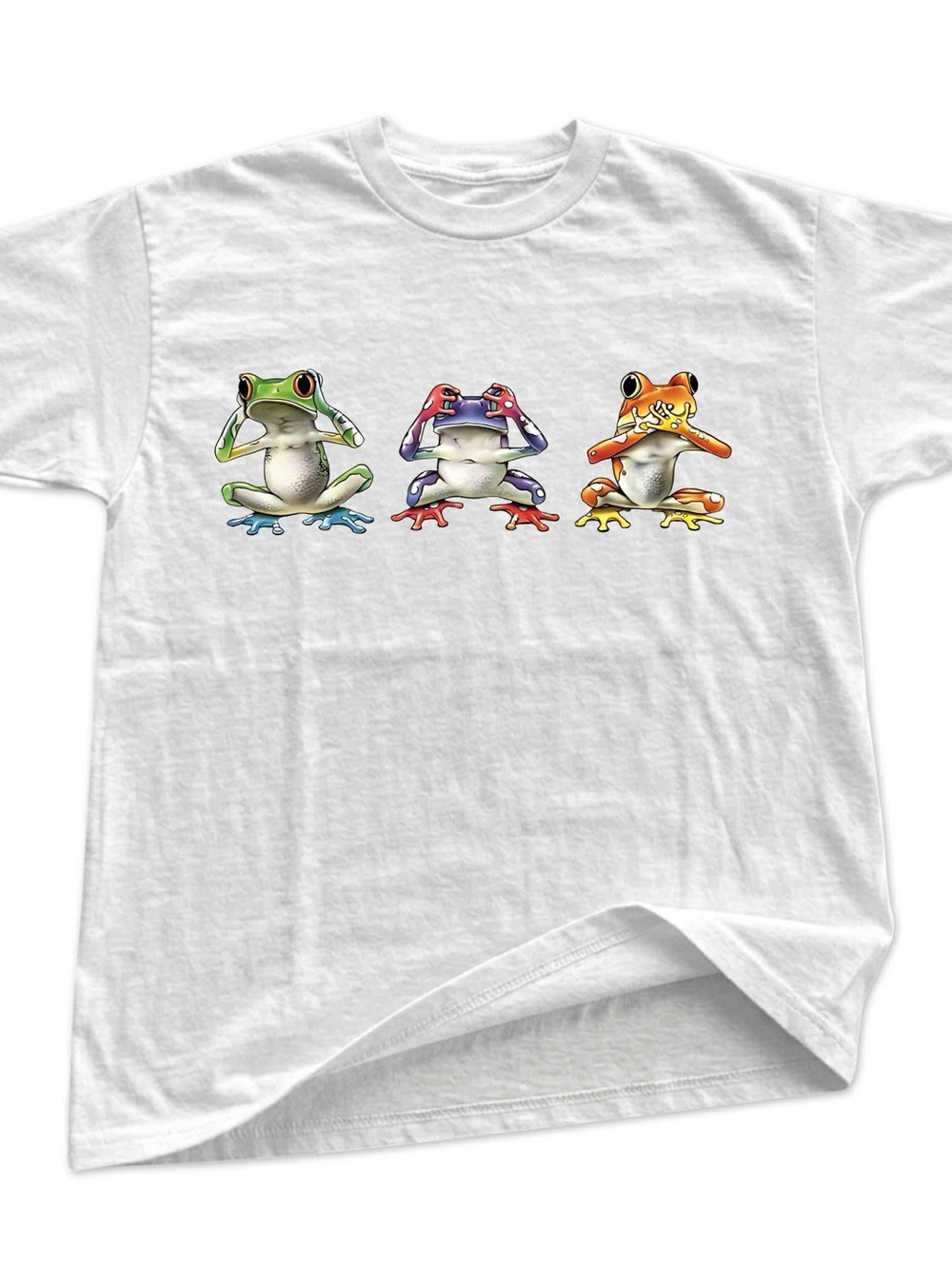 Gildan White Tee with Three Colorful Frogs Graphic
